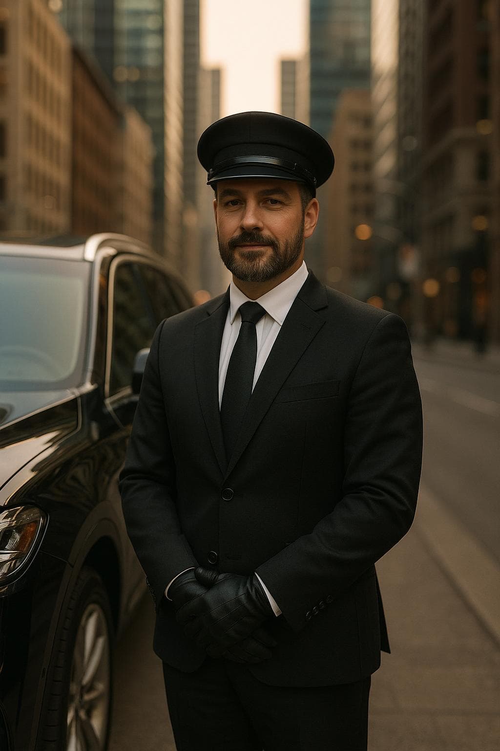 A uniformed RAO chauffeur standing beside a black luxury sedan in Toronto